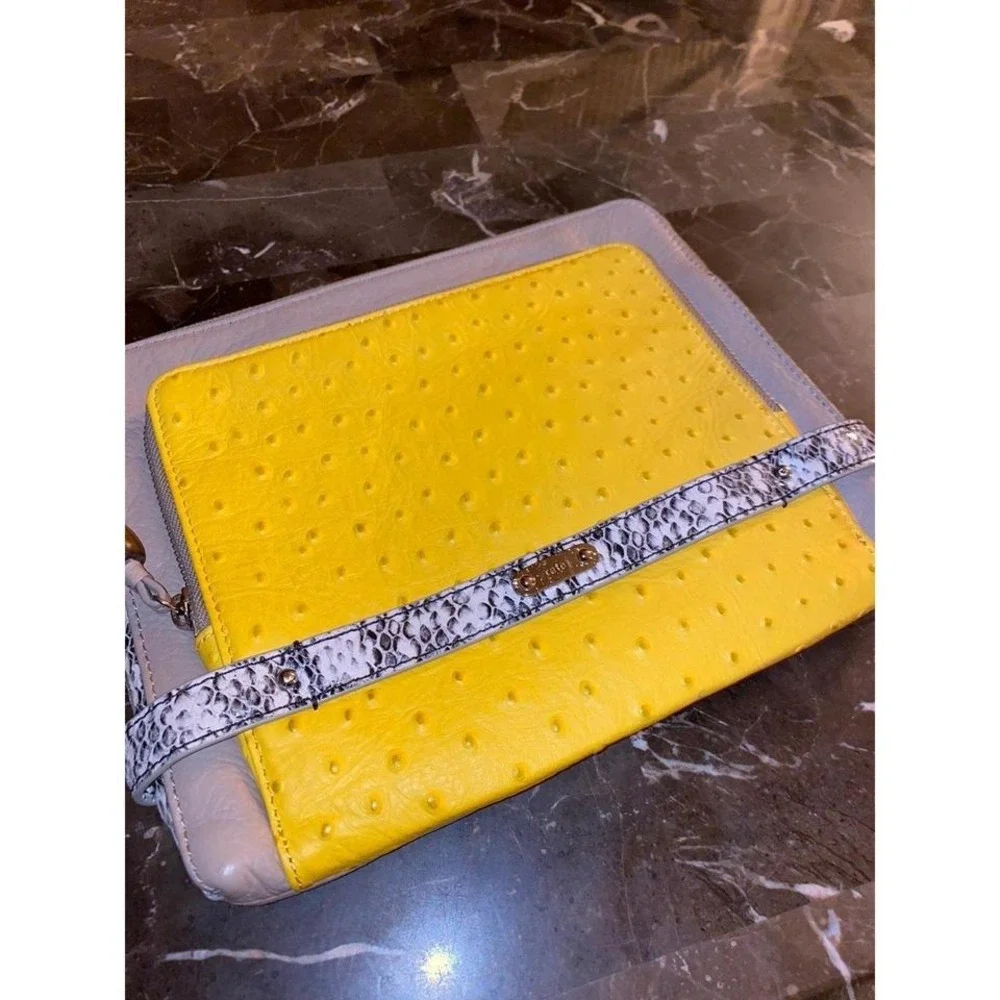 Rafe New York Yellow Ostrich Embossed Taupe Leather Mixed Media Clutch‎ Bag